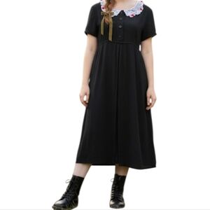 Vintage Black Cottagecore  Dress with Crochet Lace Collar Rose Details